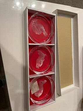 HOYA Crystal Rabbit Wine Bottle Coasters Set of 3 Boxed Japan